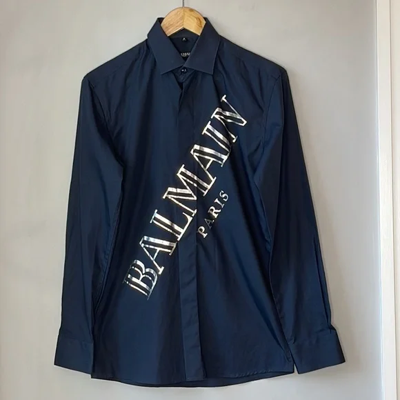 BALMAIN Black Logo Button Down Cotton Dress Shirt Size Small